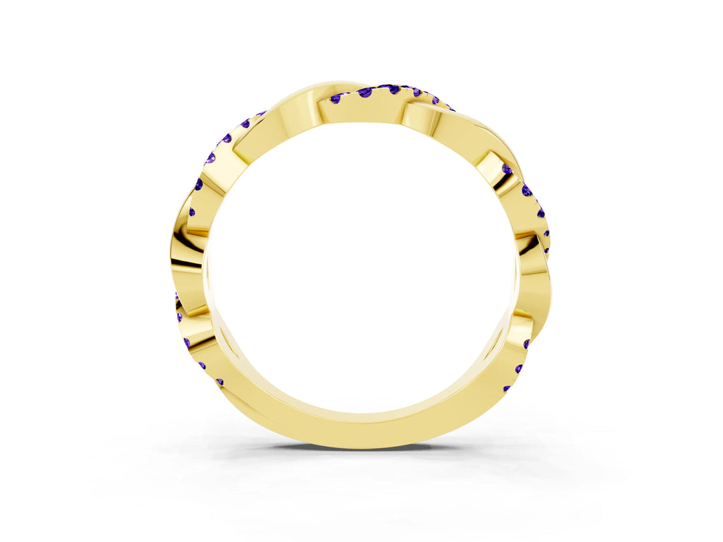 Round Tanzanite Pavé Twist Eternity Band in Yellow gold with Shared Prong Setting