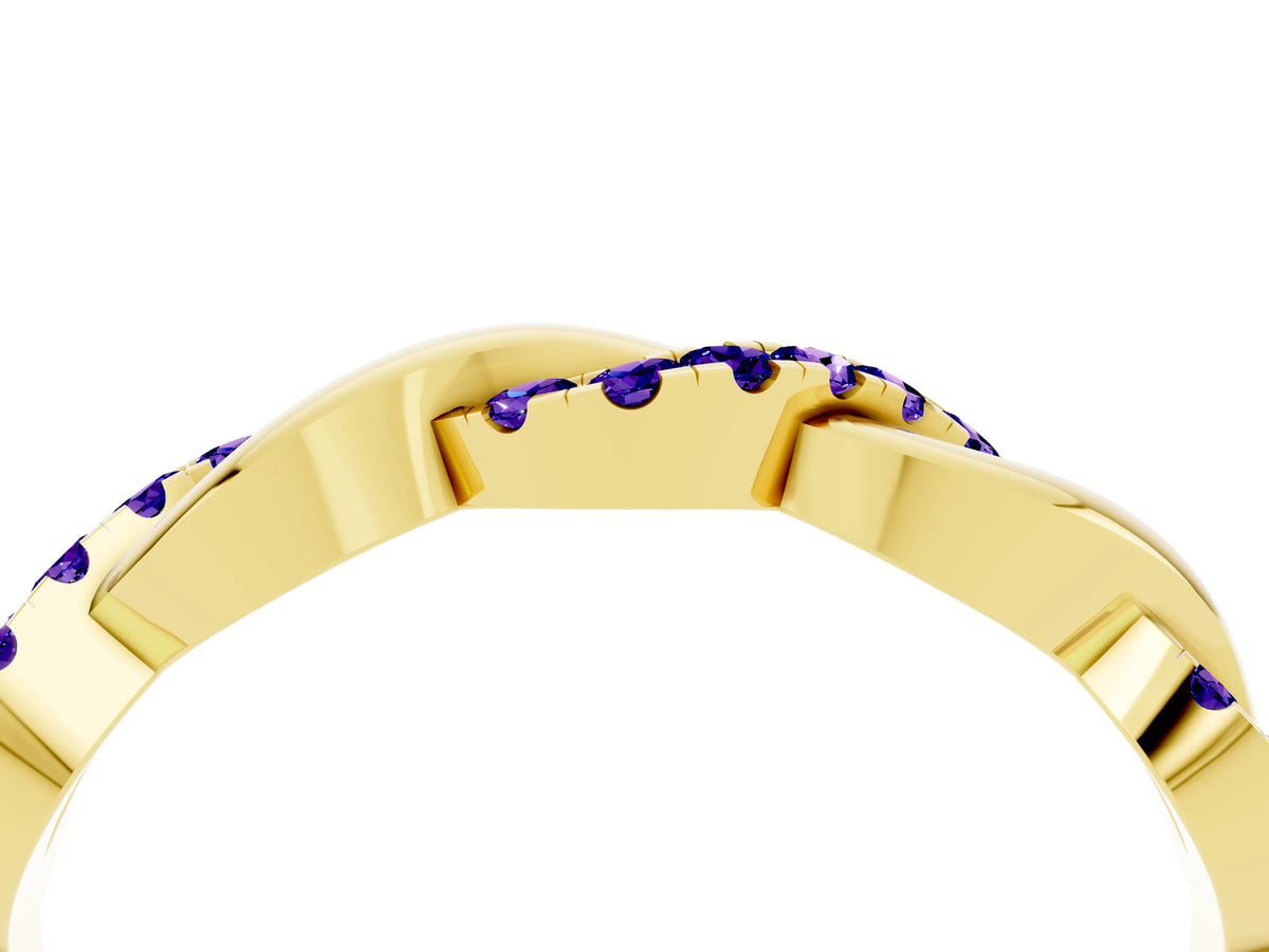 Round Tanzanite Pavé Twist Eternity Band in Yellow gold with Shared Prong Setting