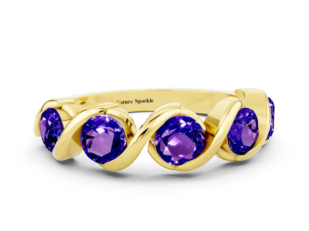 Round Tanzanite Wave Band in Yellow gold with Channel Setting and Shared Prongs