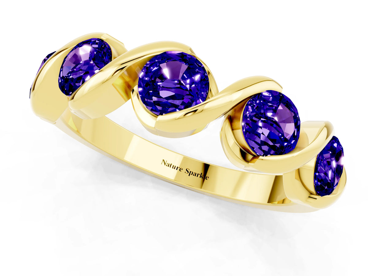 Round Tanzanite Wave Band in Yellow gold with Channel Setting and Shared Prongs