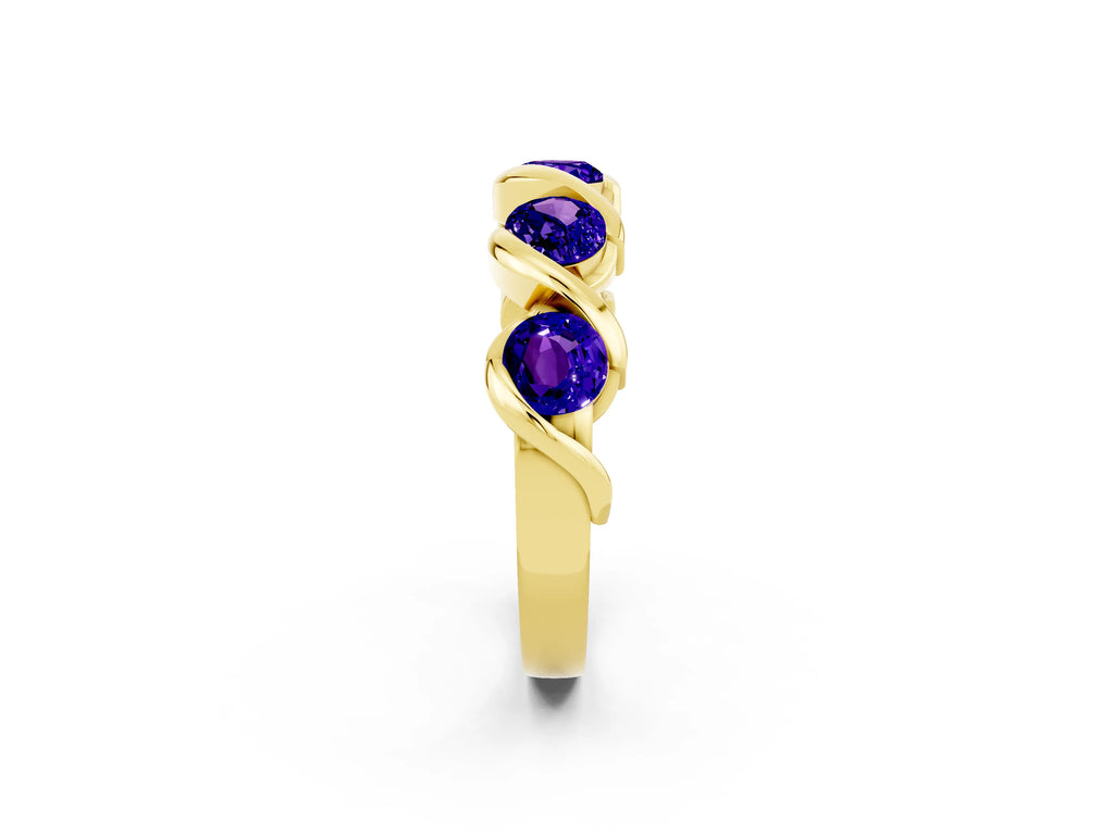 Round Tanzanite Wave Band in Yellow gold with Channel Setting and Shared Prongs