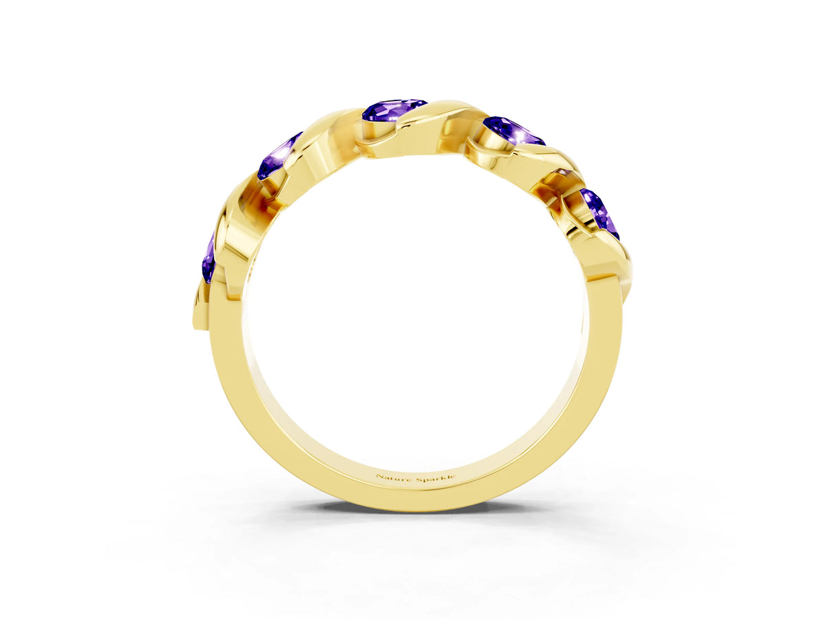 Round Tanzanite Wave Band in Yellow gold with Channel Setting and Shared Prongs