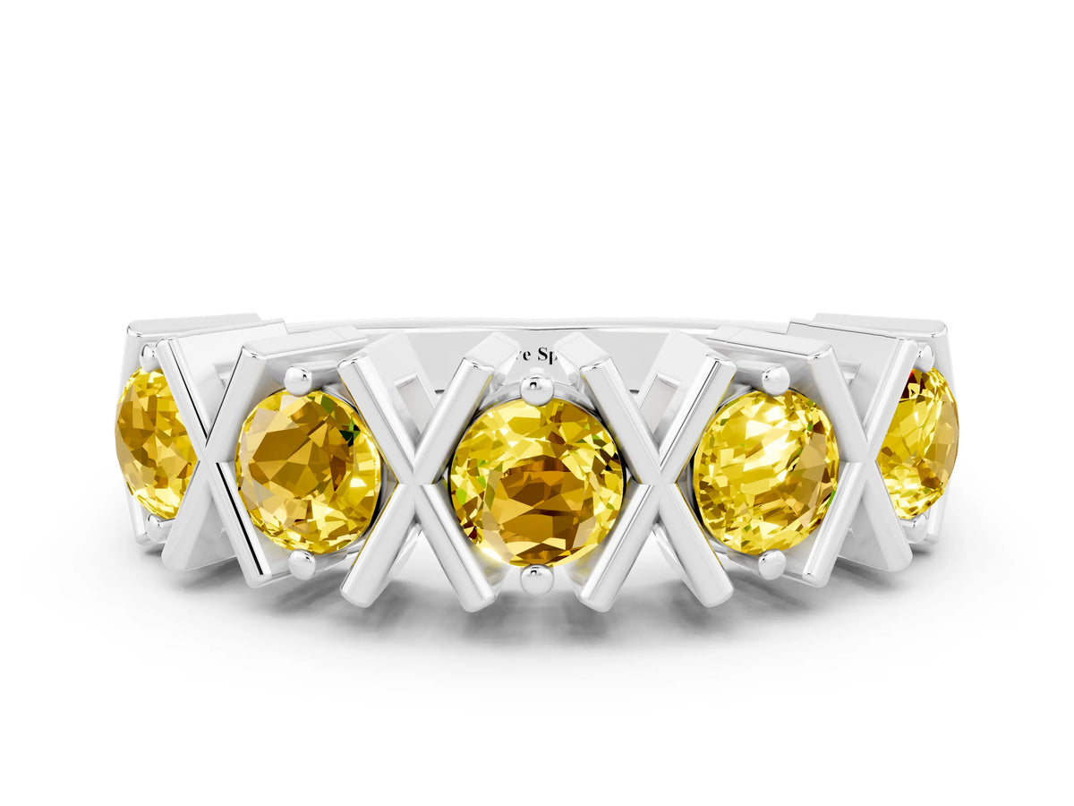 Round Yellow Sapphire Channel Set Band in White gold with X-Prong Detail