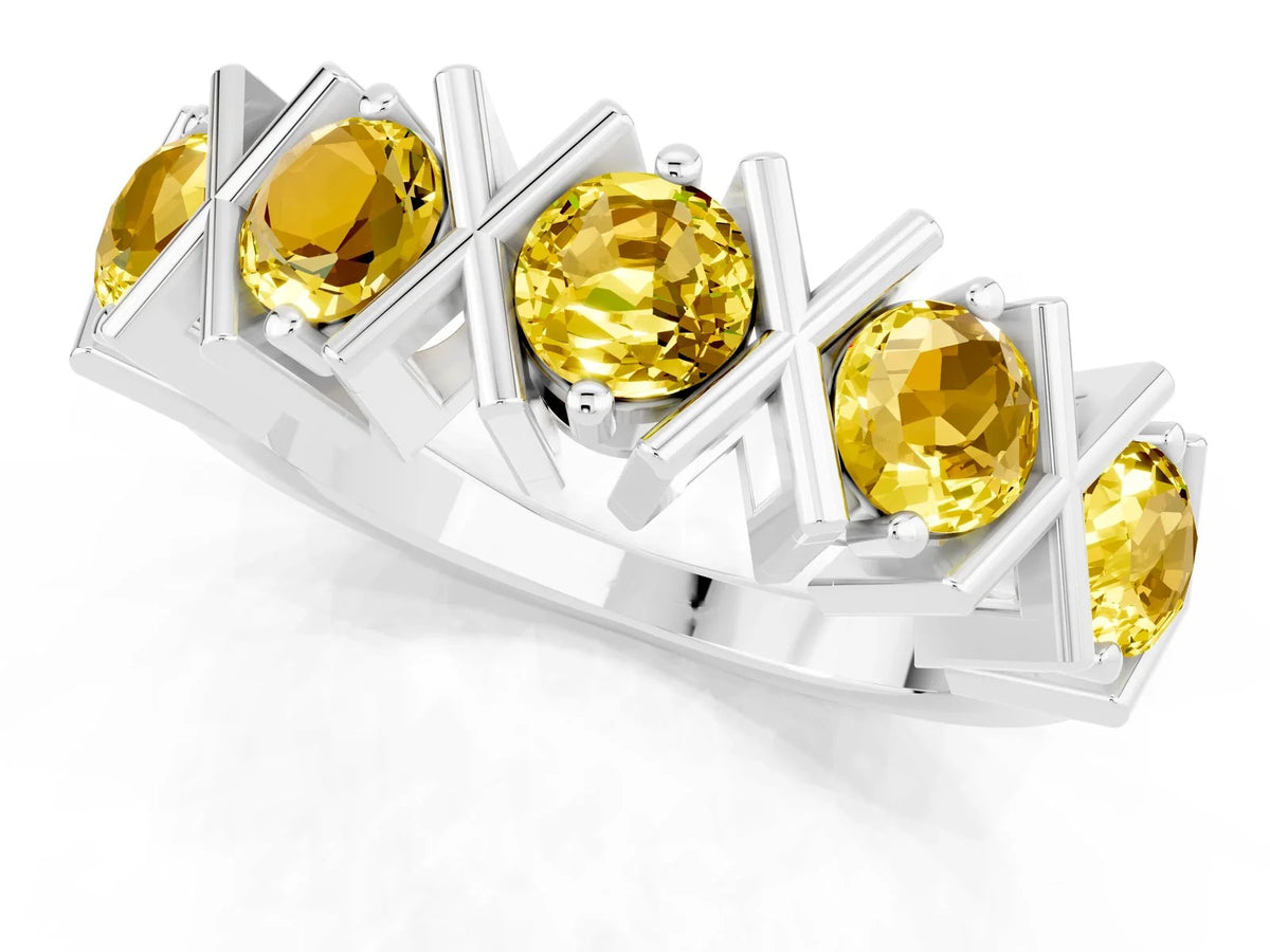 Round Yellow Sapphire Channel Set Band in White gold with X-Prong Detail 