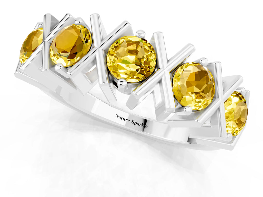 Round Yellow Sapphire Channel Set Band in White gold with X-Prong Detail