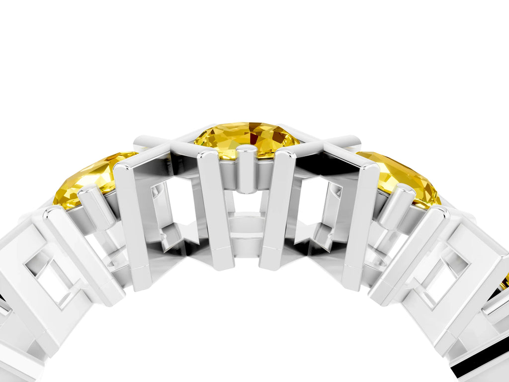 Round Yellow Sapphire Channel Set Band in White gold with X-Prong Detail