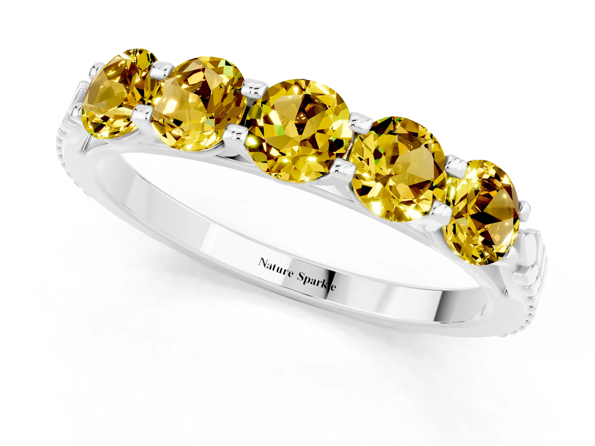 Round Yellow Sapphire Five-Stone Band in Platinum with Prong Setting