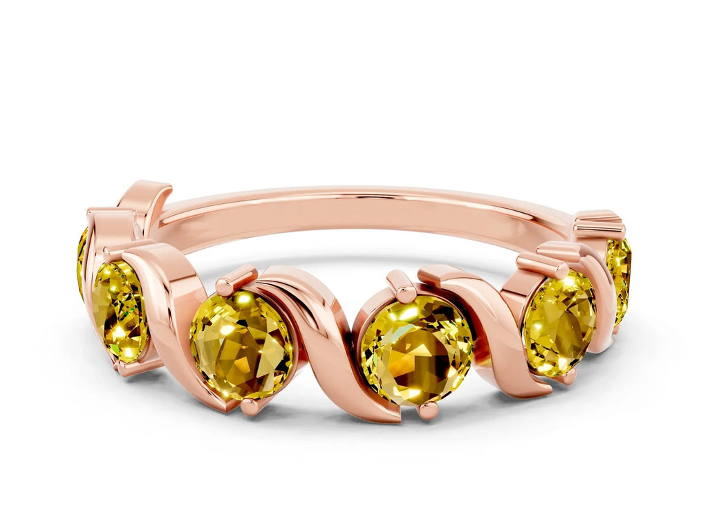 Round Yellow Sapphire Half Eternity Band in Rose gold with Wave Prong Setting 
