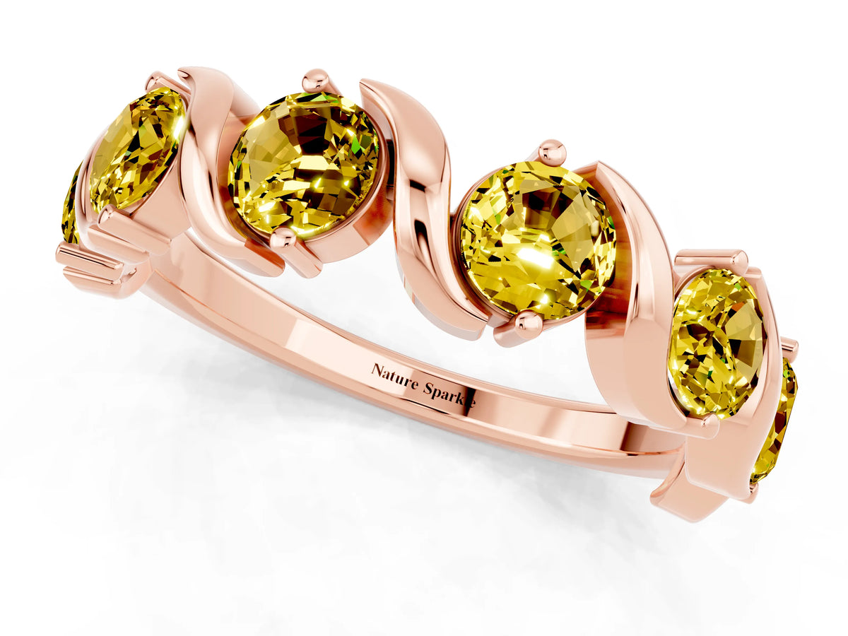 Round Yellow Sapphire Half Eternity Band in Rose gold with Wave Prong Setting