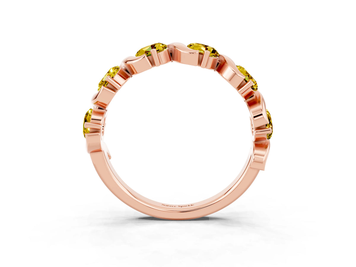 Round Yellow Sapphire Half Eternity Band in Rose gold with Wave Prong Setting