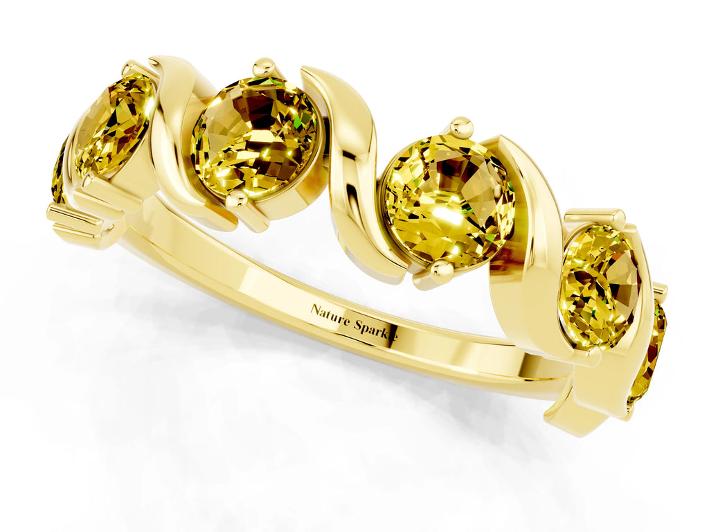 Round Yellow Sapphire Half Eternity Band in Yellow gold with Wave Prong Setting