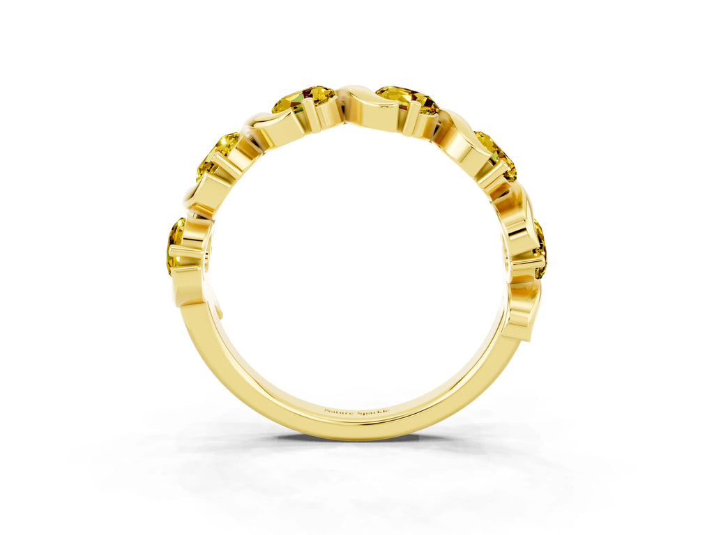Round Yellow Sapphire Half Eternity Band in Yellow gold with Wave Prong Setting