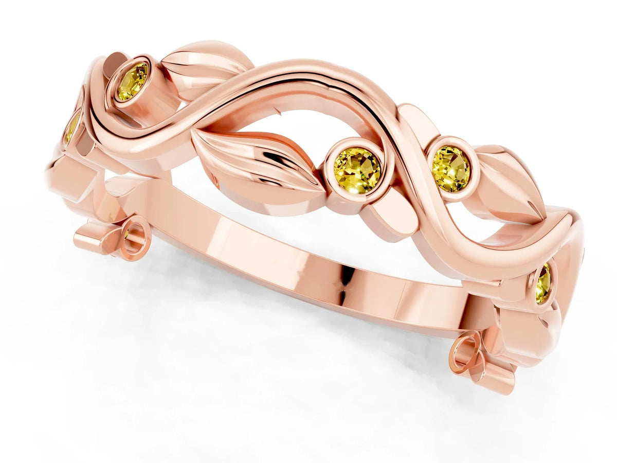 Round Yellow Sapphire Leaf Motif Eternity Band in Rose gold with Bezel Setting 