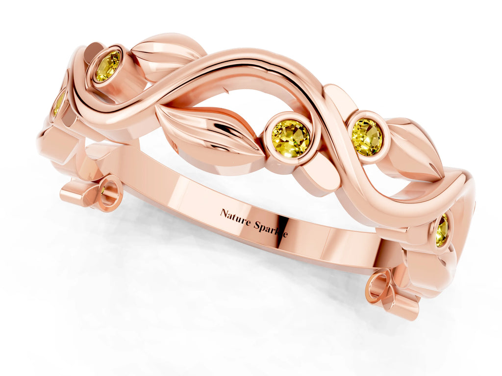 Round Yellow Sapphire Leaf Motif Eternity Band in Rose gold with Bezel Setting