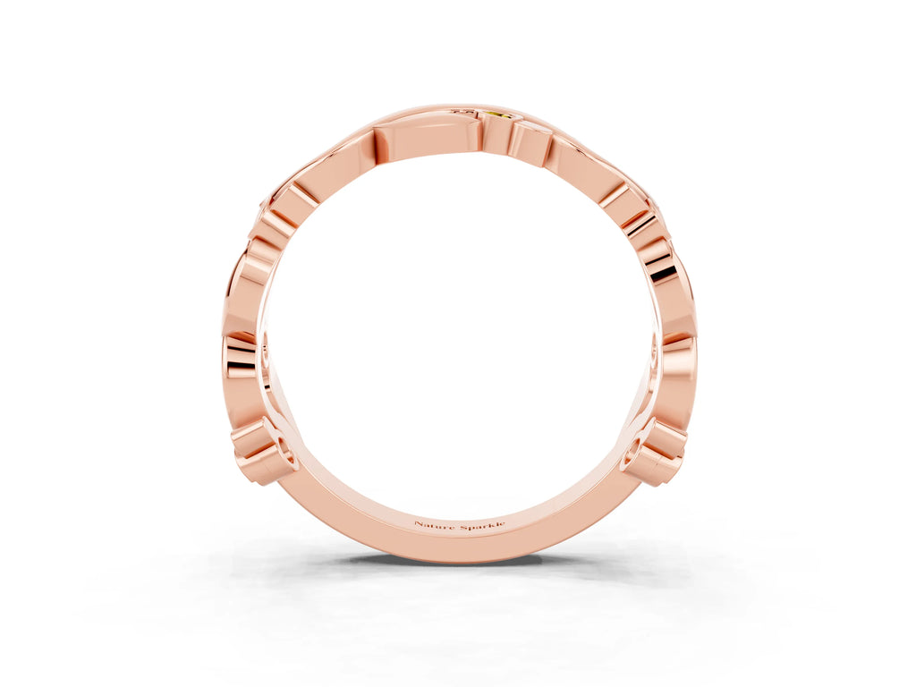 Round Yellow Sapphire Leaf Motif Eternity Band in Rose gold with Bezel Setting
