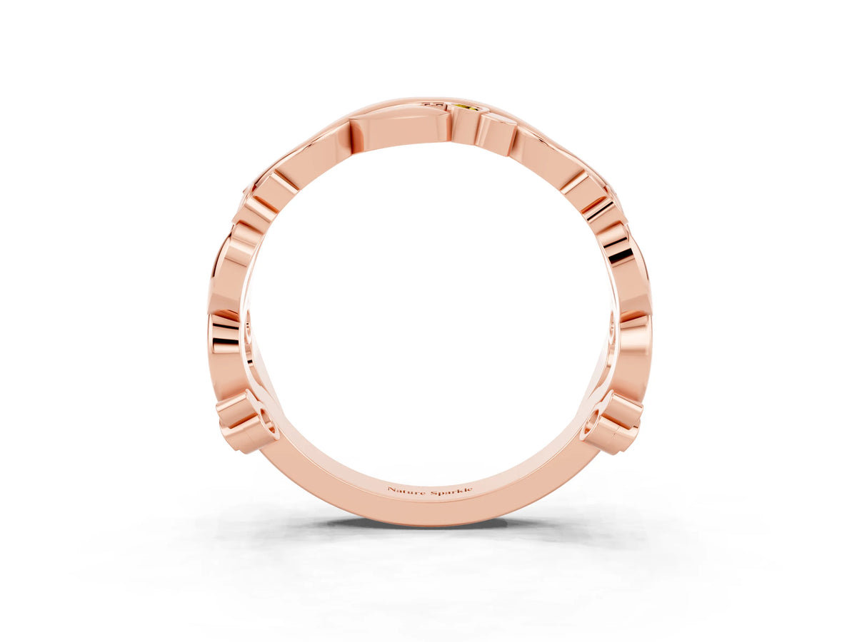 Round Yellow Sapphire Leaf Motif Eternity Band in Rose gold with Bezel Setting