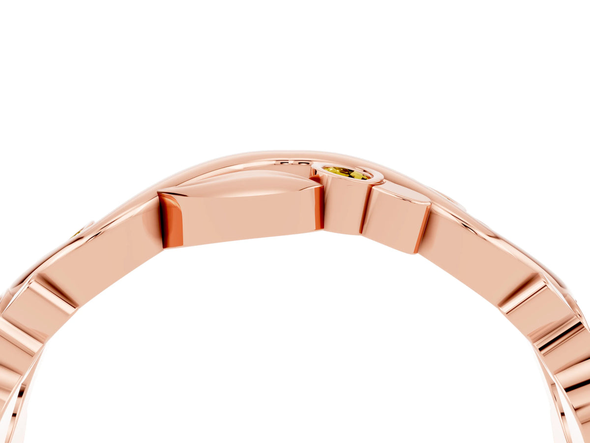 Round Yellow Sapphire Leaf Motif Eternity Band in Rose gold with Bezel Setting