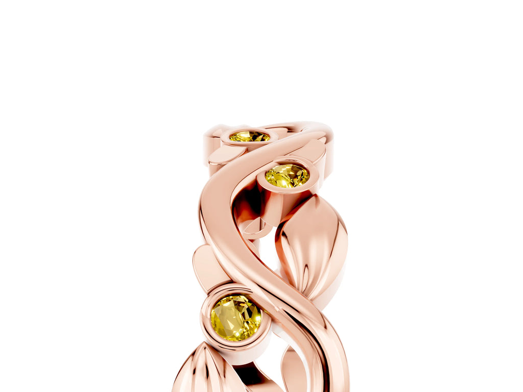 Round Yellow Sapphire Leaf Motif Eternity Band in Rose gold with Bezel Setting