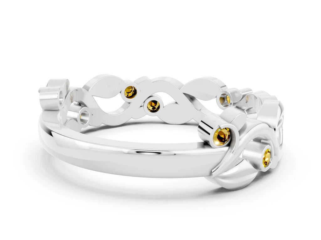 Round Yellow Sapphire Leaf Motif Eternity Band in White gold with Bezel Setting