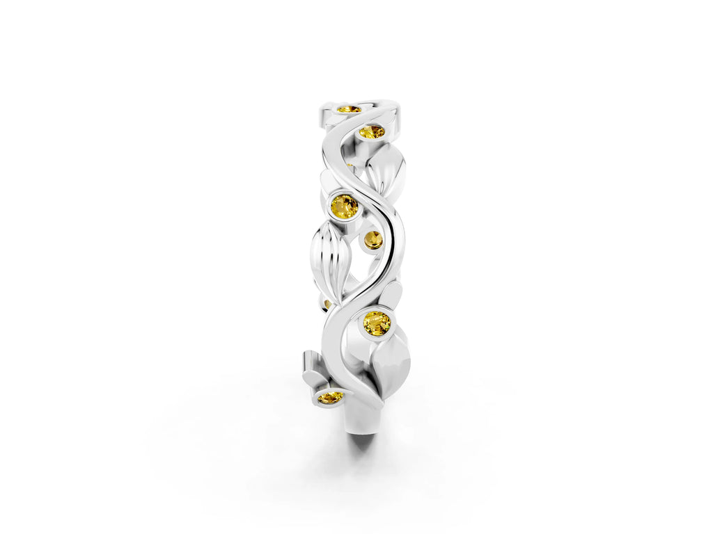 Round Yellow Sapphire Leaf Motif Eternity Band in White gold with Bezel Setting
