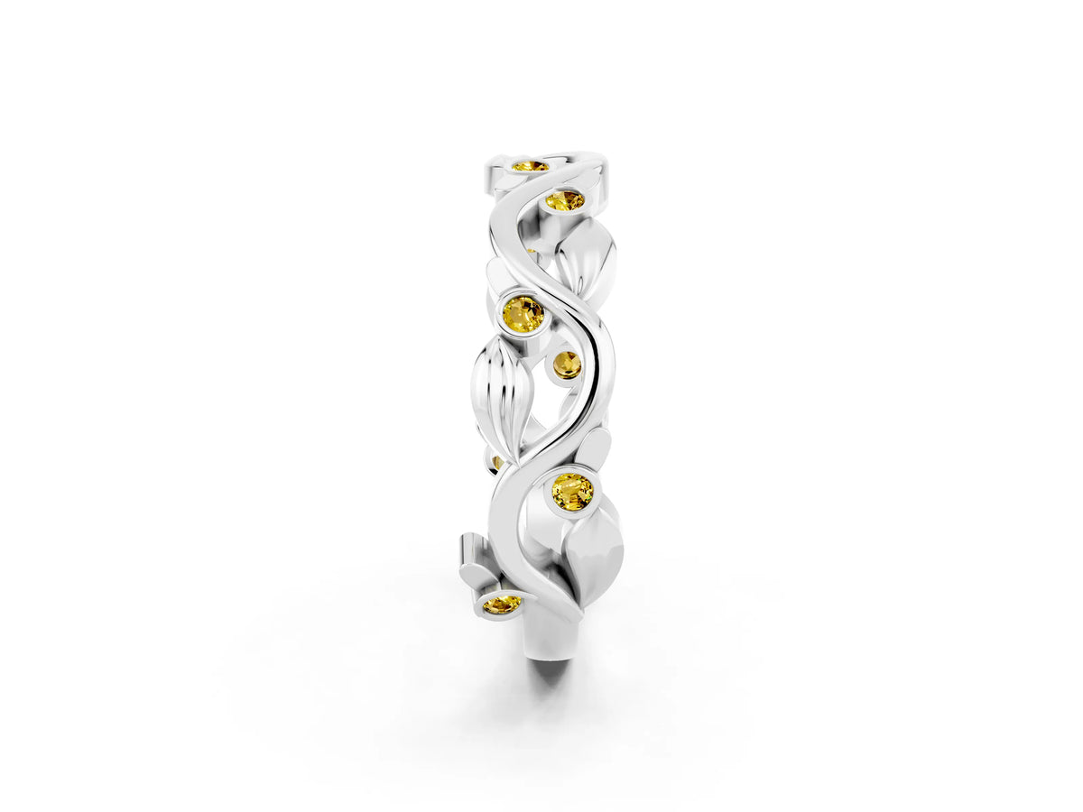 Round Yellow Sapphire Leaf Motif Eternity Band in White gold with Bezel Setting