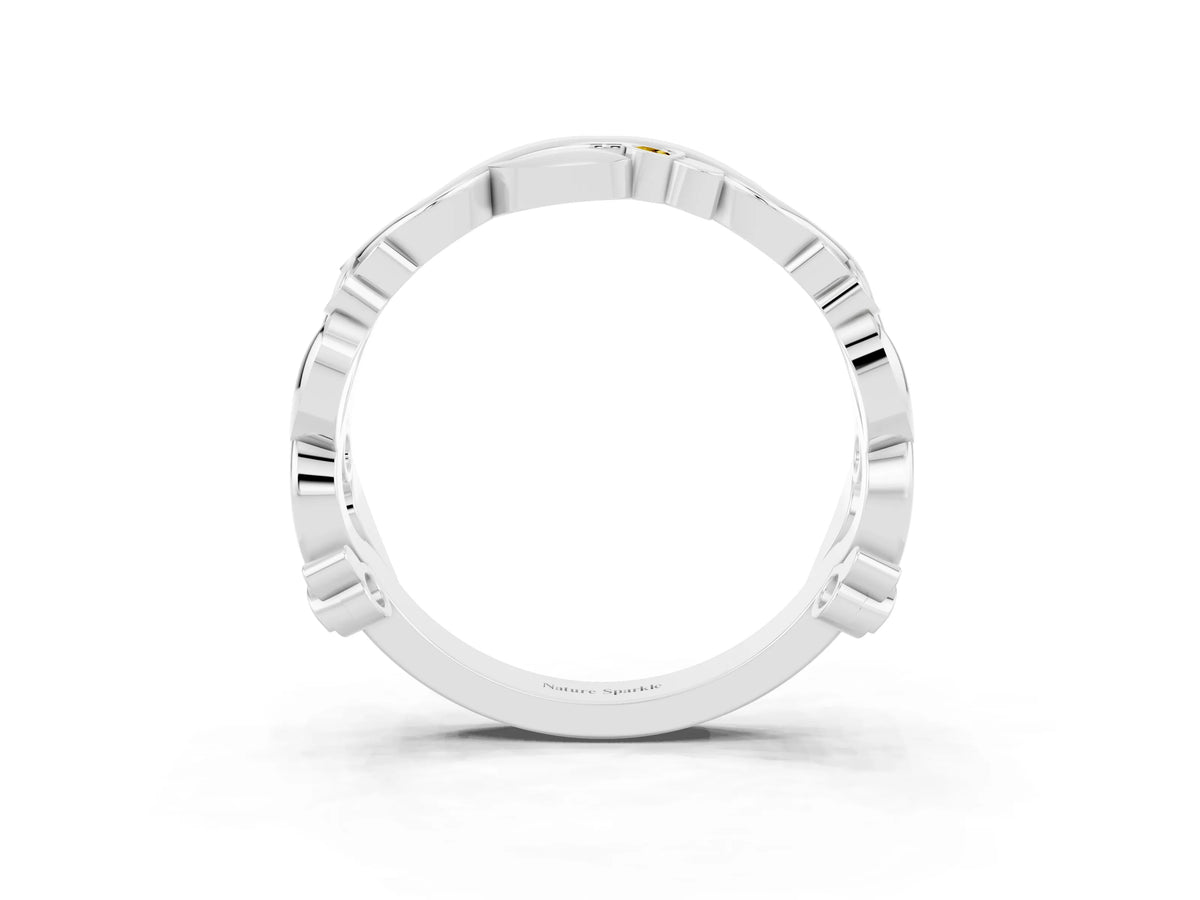 Round Yellow Sapphire Leaf Motif Eternity Band in White gold with Bezel Setting