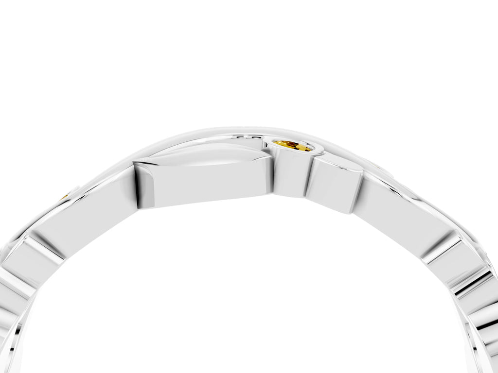 Round Yellow Sapphire Leaf Motif Eternity Band in White gold with Bezel Setting