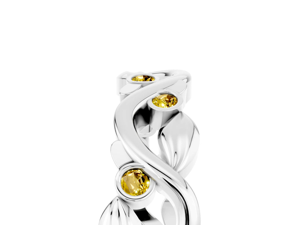 Round Yellow Sapphire Leaf Motif Eternity Band in White gold with Bezel Setting
