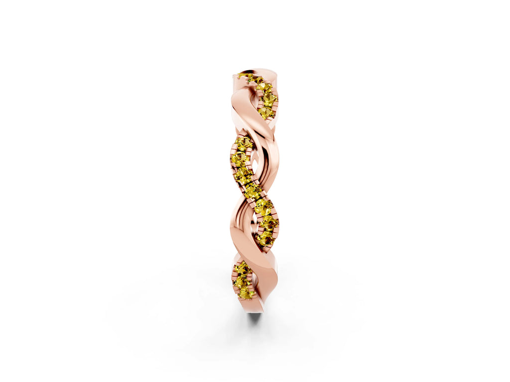 Round Yellow Sapphire Pavé Twist Eternity Band in Rose gold with Shared Prong Setting