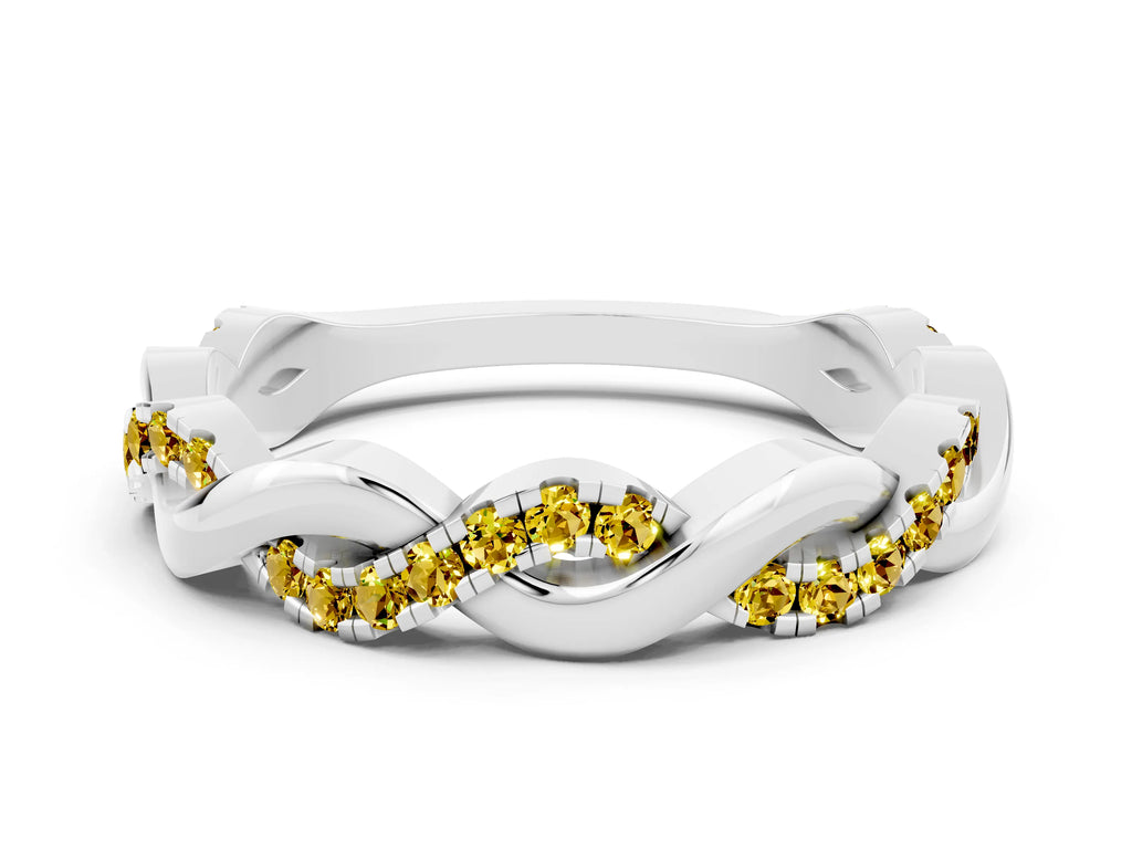 Round Yellow Sapphire Pavé Twist Eternity Band in White gold with Shared Prong Setting