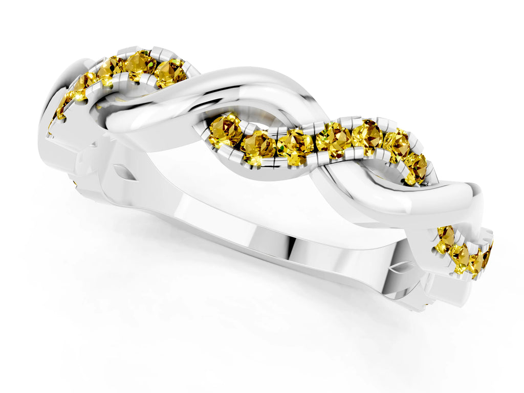 Round Yellow Sapphire Pavé Twist Eternity Band in White gold with Shared Prong Setting