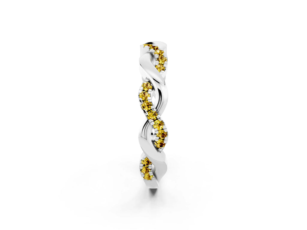 Round Yellow Sapphire Pavé Twist Eternity Band in White gold with Shared Prong Setting