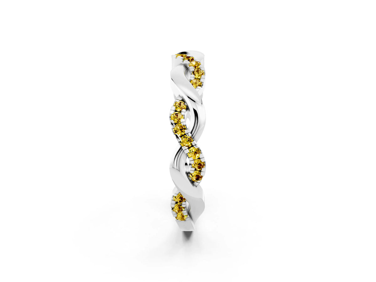 Round Yellow Sapphire Pavé Twist Eternity Band in White gold with Shared Prong Setting