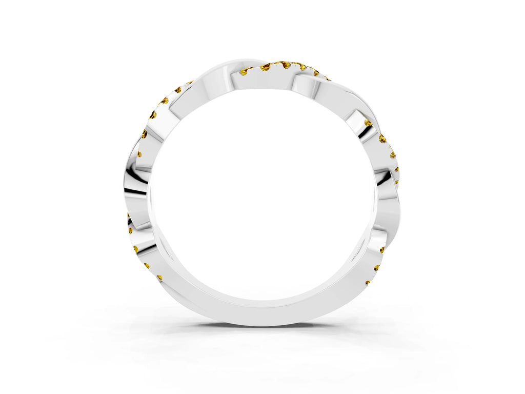 Round Yellow Sapphire Pavé Twist Eternity Band in White gold with Shared Prong Setting
