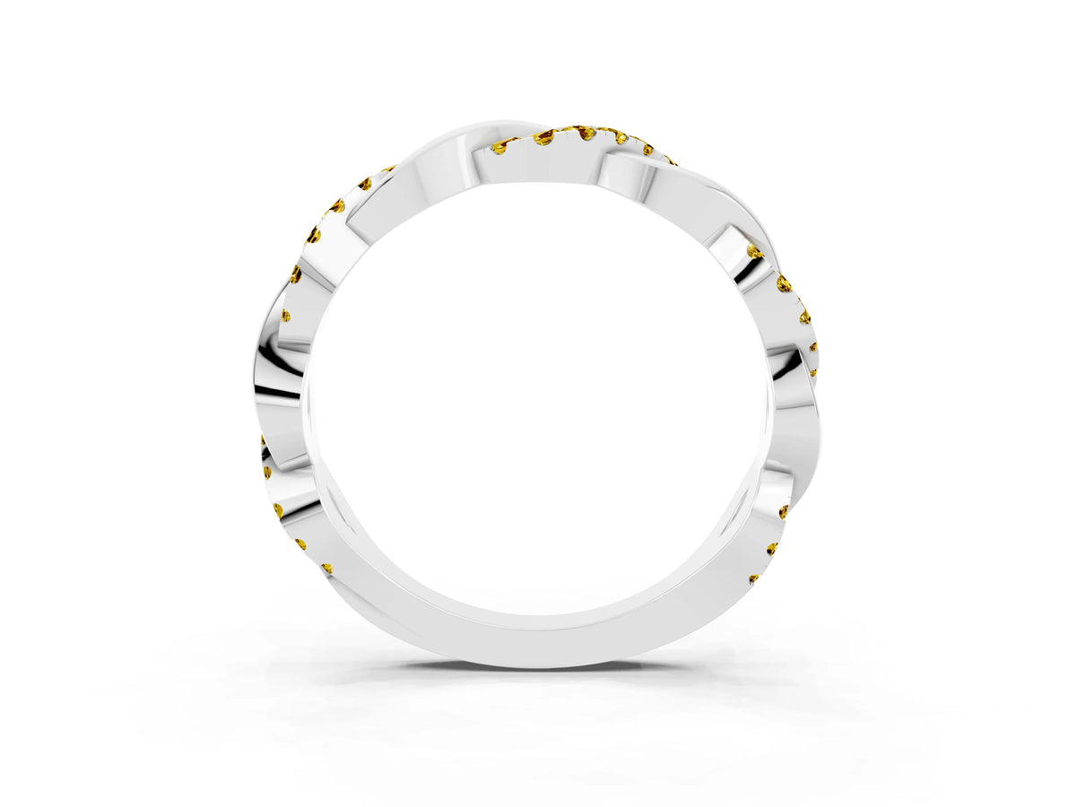 Round Yellow Sapphire Pavé Twist Eternity Band in White gold with Shared Prong Setting