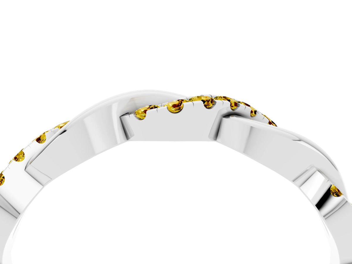 Round Yellow Sapphire Pavé Twist Eternity Band in White gold with Shared Prong Setting
