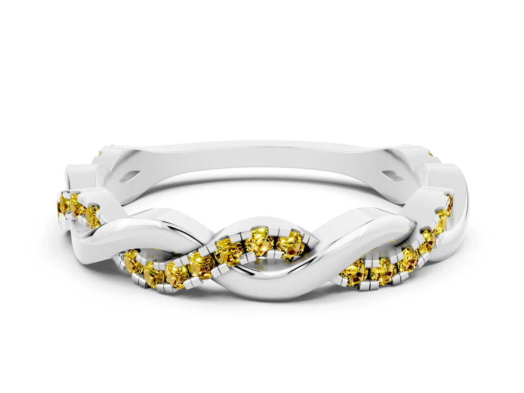 Round Yellow Sapphire Twist Eternity Band in Platinum with Pavé Setting