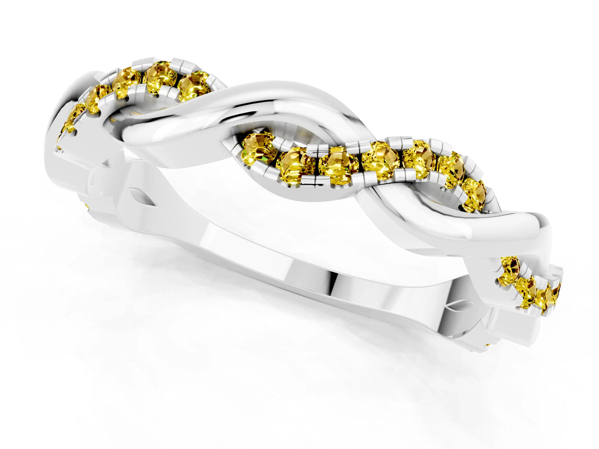Round Yellow Sapphire Twist Eternity Band in Platinum with Pavé Setting