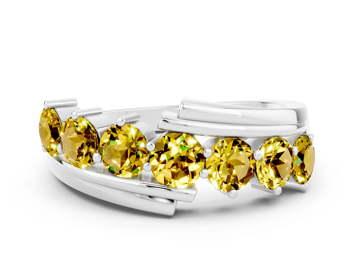 Round Yellow Sapphire Wave Band in Silver with Channel and Shared Prong Setting