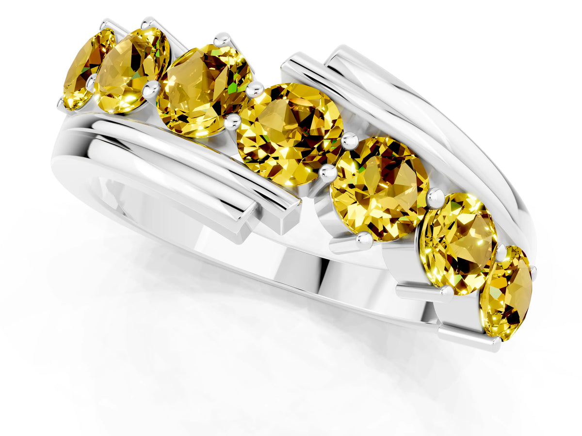 Round Yellow Sapphire Wave Band in Silver with Channel and Shared Prong Setting