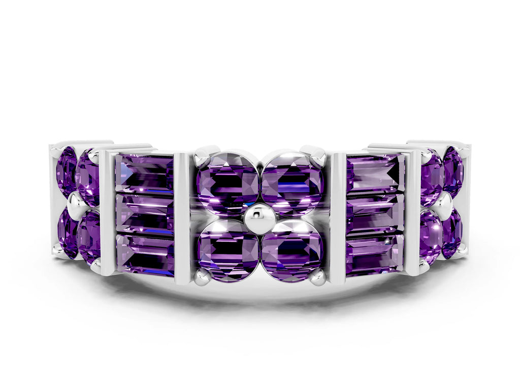 Round and Baguette Amethyst Anniversary Band in Silver with Channel and Prong Setting