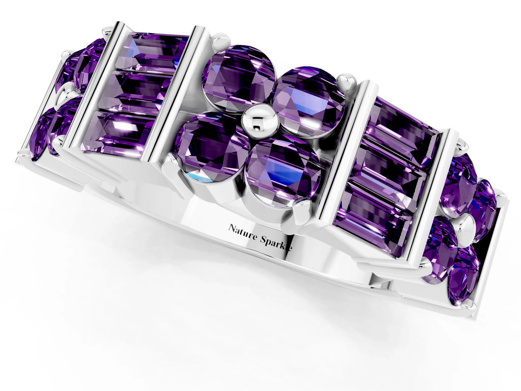 Round and Baguette Amethyst Anniversary Band in Silver with Channel and Prong Setting