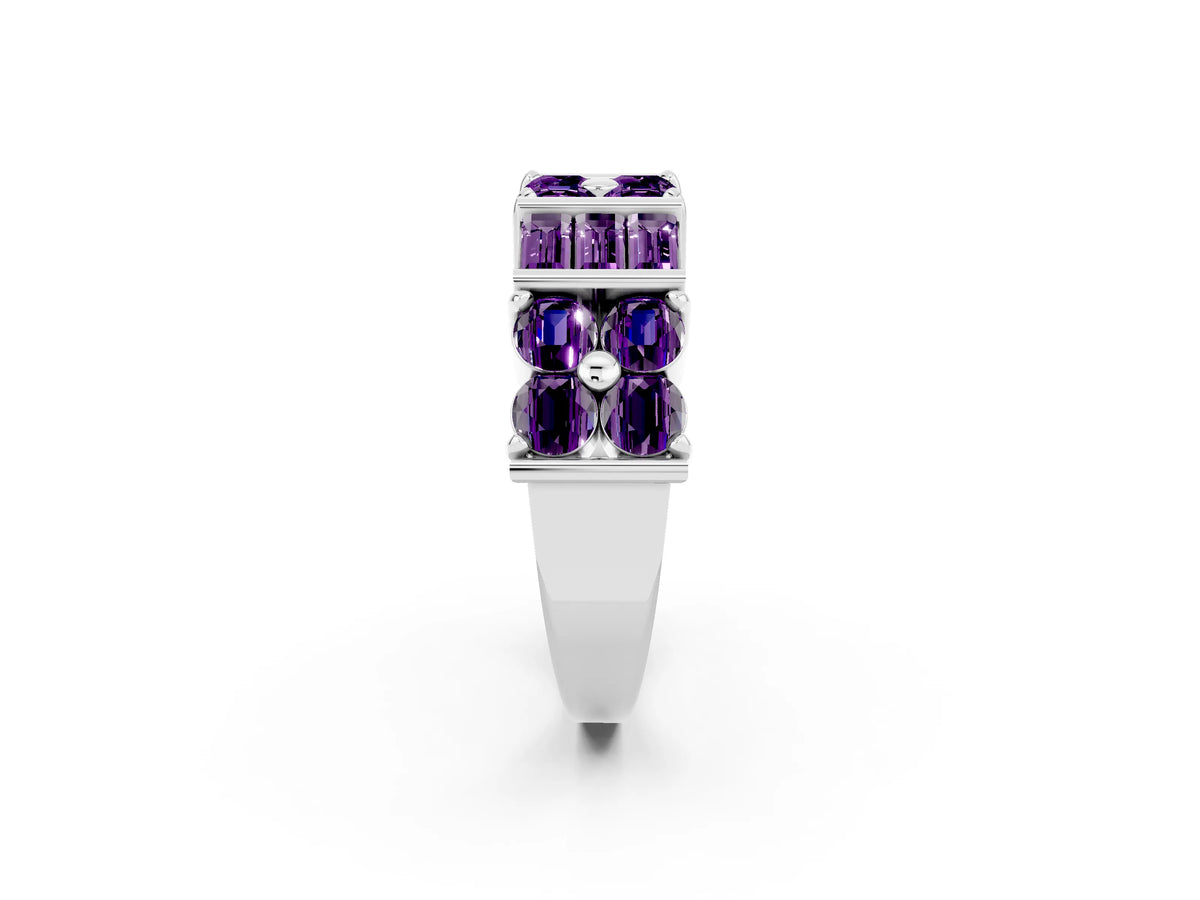 Round and Baguette Amethyst Anniversary Band in Silver with Channel and Prong Setting