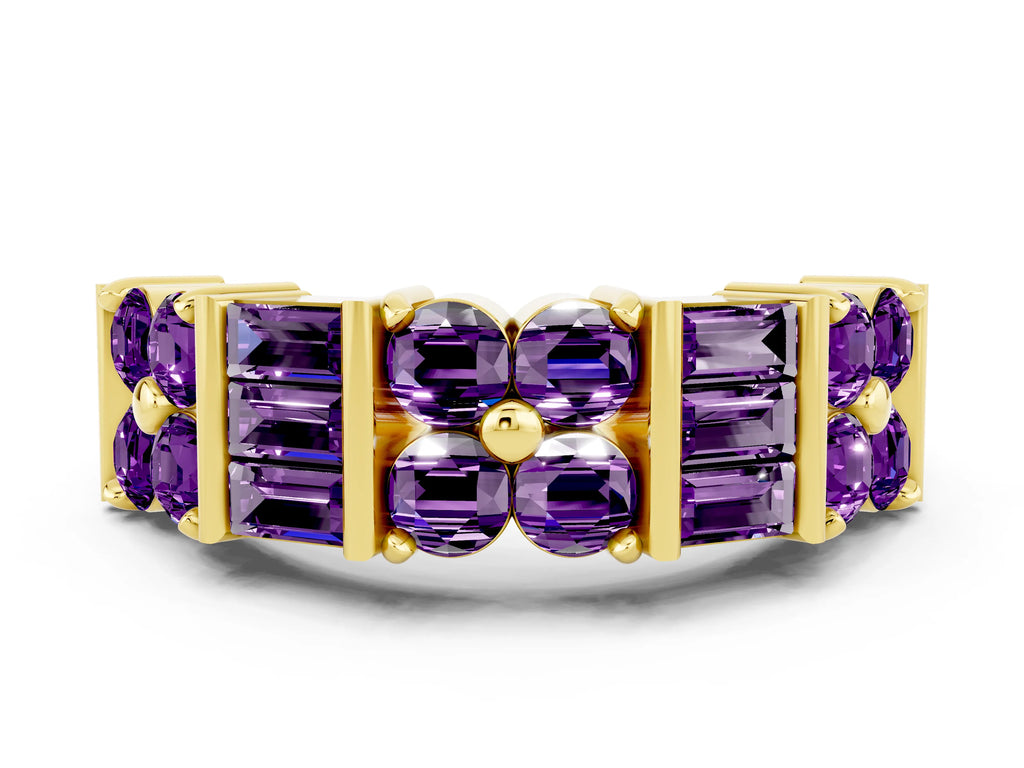 Round and Baguette Amethyst Anniversary Band in Yellow gold with Channel and Prong Setting