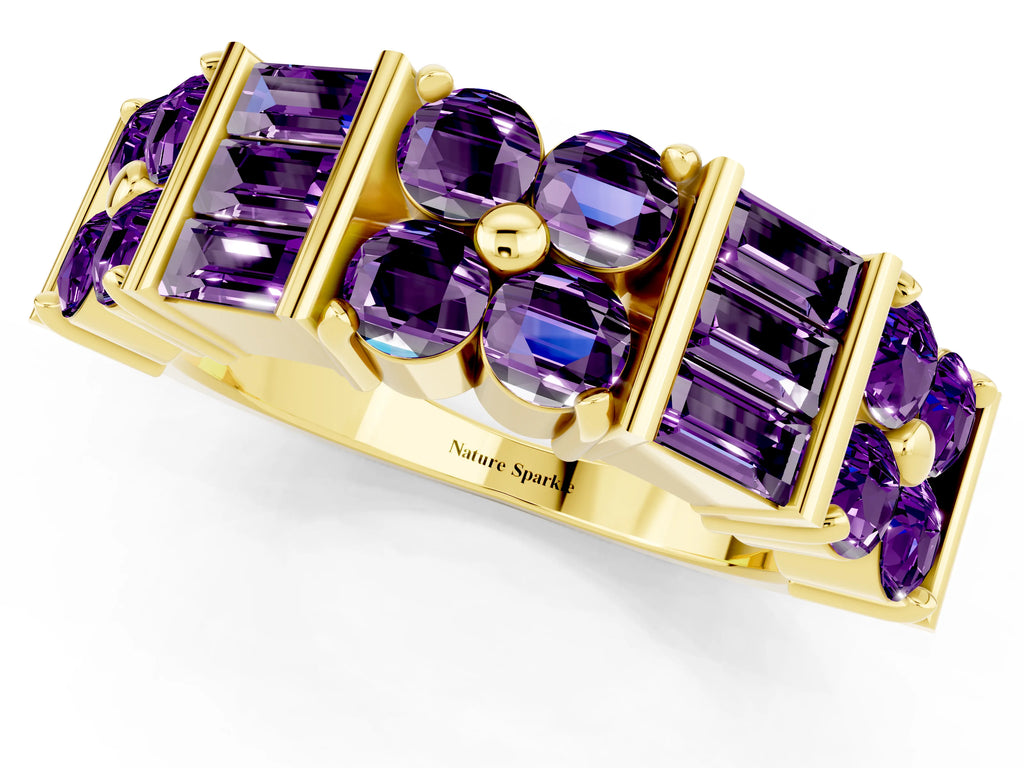 Round and Baguette Amethyst Anniversary Band in Yellow gold with Channel and Prong Setting