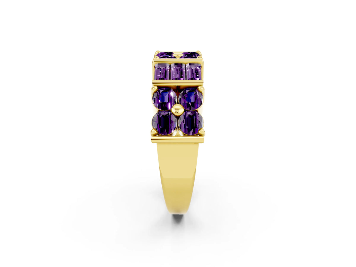 Round and Baguette Amethyst Anniversary Band in Yellow gold with Channel and Prong Setting