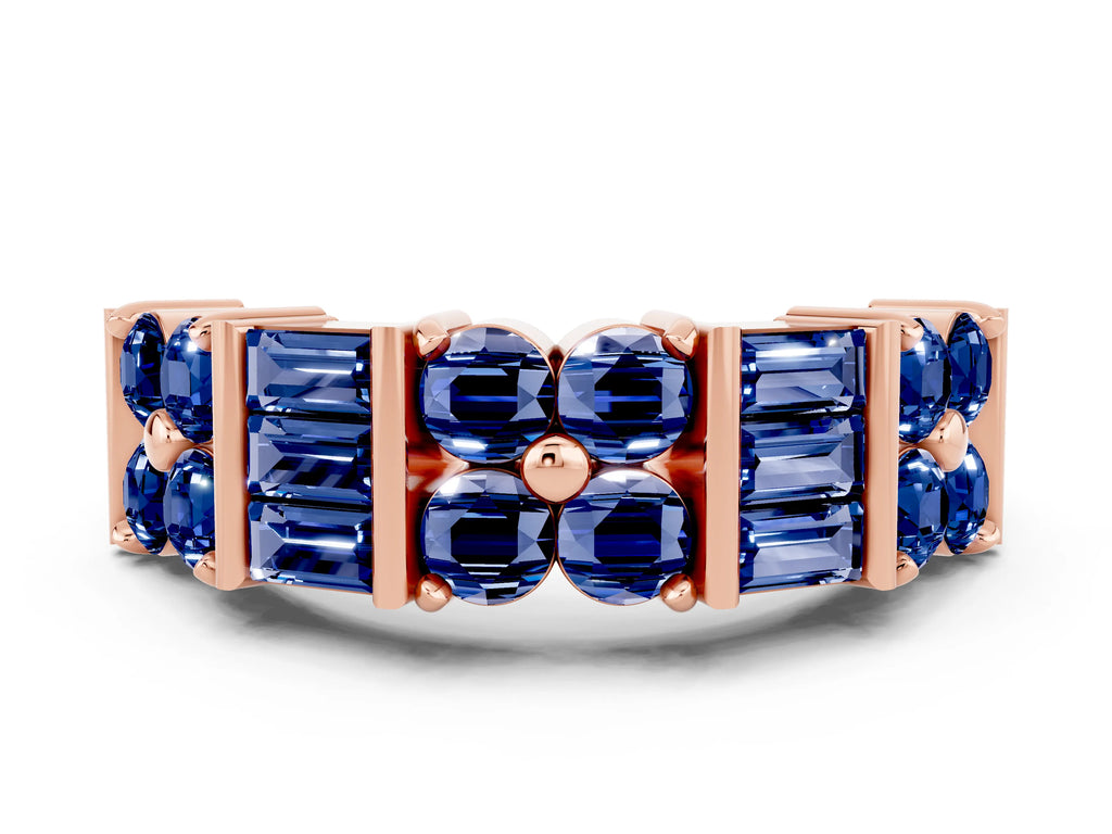 Round and Baguette Blue Sapphire Anniversary Band in Rose gold with Channel and Prong Setting