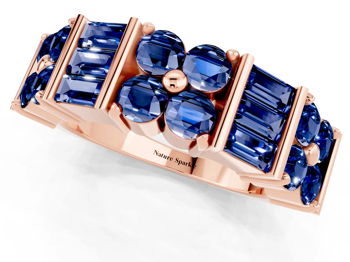 Round and Baguette Blue Sapphire Anniversary Band in Rose gold with Channel and Prong Setting