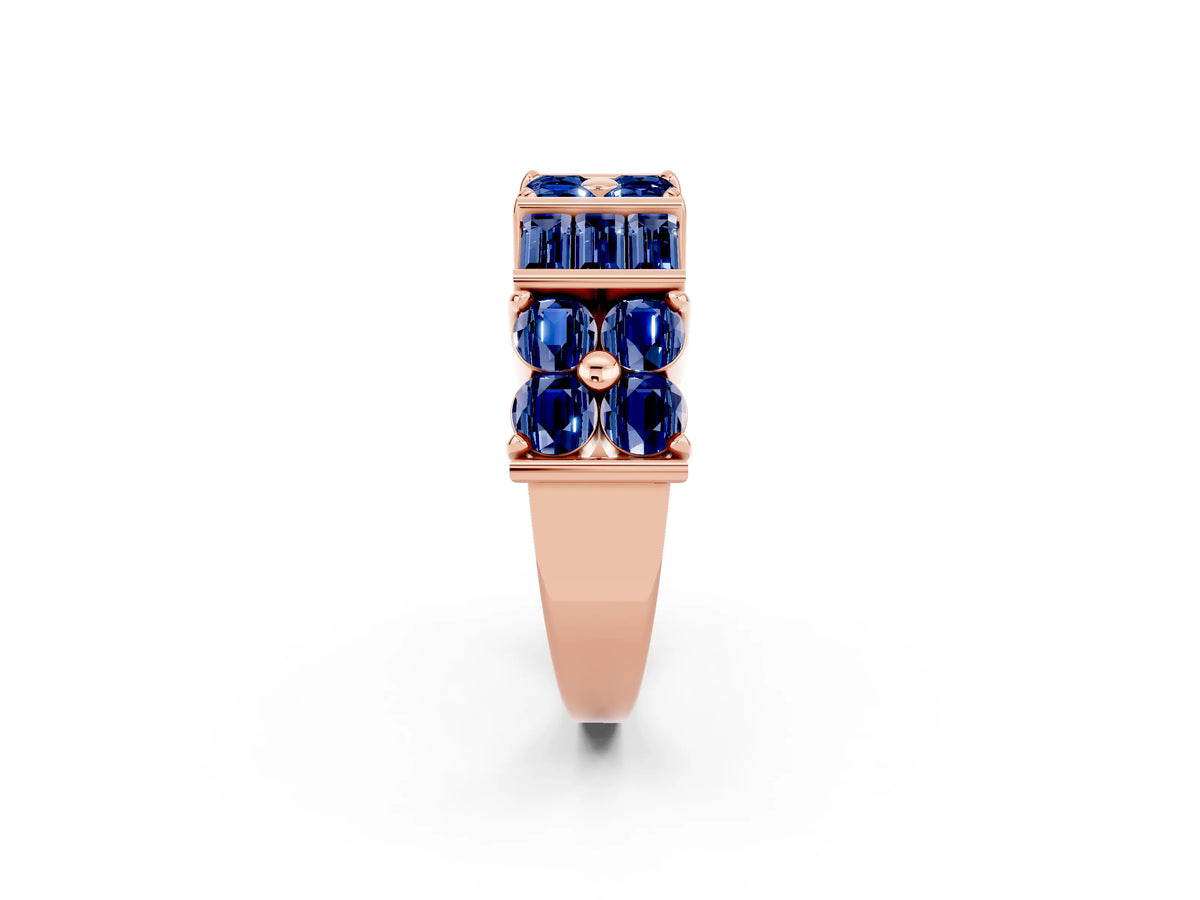 Round and Baguette Blue Sapphire Anniversary Band in Rose gold with Channel and Prong Setting