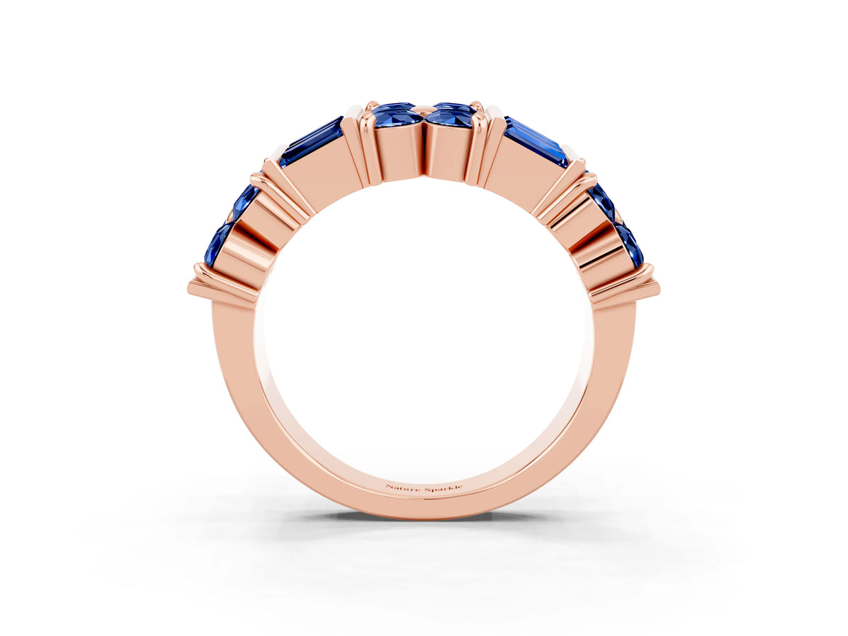 Round and Baguette Blue Sapphire Anniversary Band in Rose gold with Channel and Prong Setting